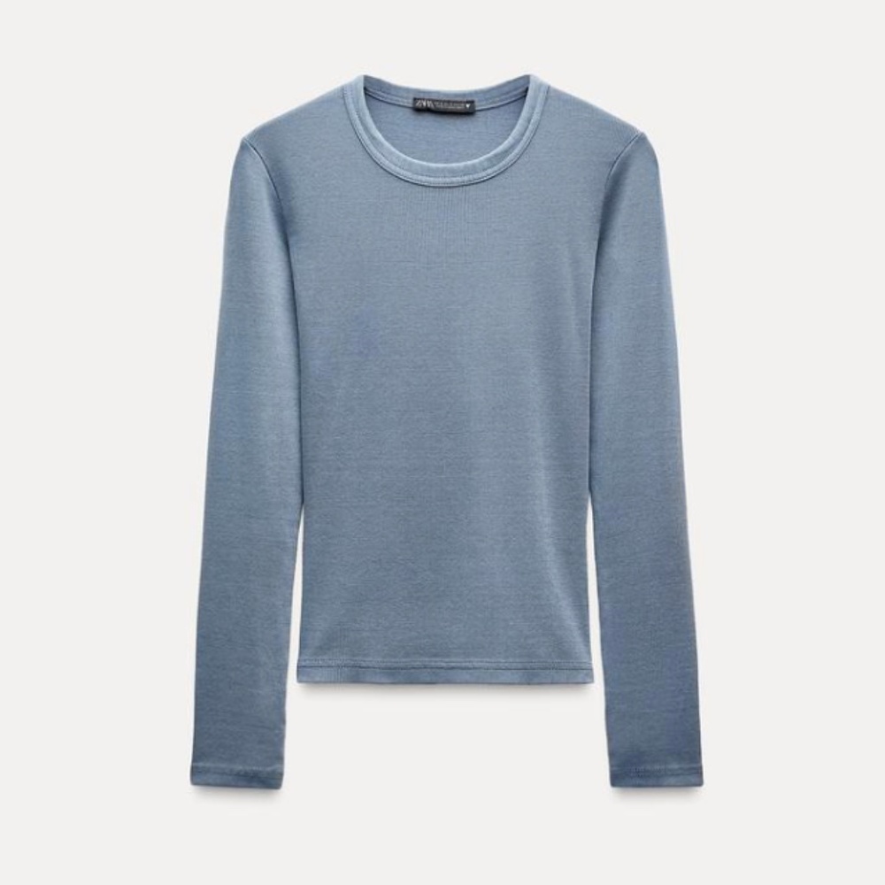 Zara Women's Ribbed Long Sleeve T Shirt Indigo S